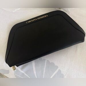 Carolina Herrera Black Leather Zip Clutch with Gold Logo